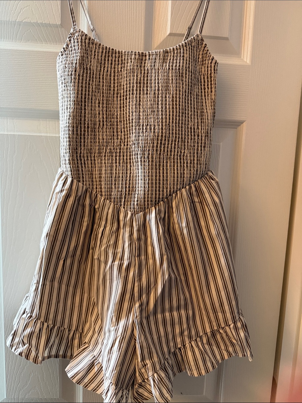 Abercrombie & Fitch Cream and Black Striped Smocked Romper